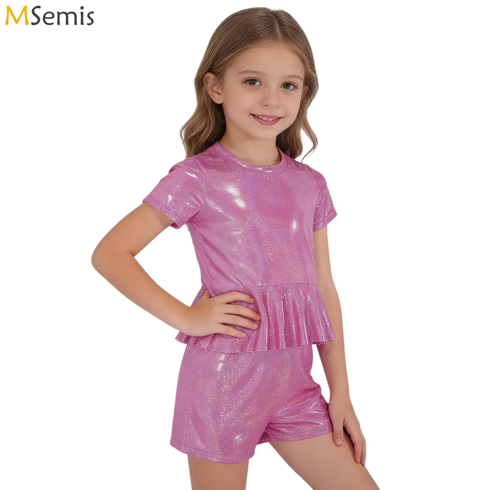 Kids Girls Metallic Cheerleader Costume Jazz Street Dance Cheerleading Outfits Short Sleeve Peplum Top with Shorts Dancewear