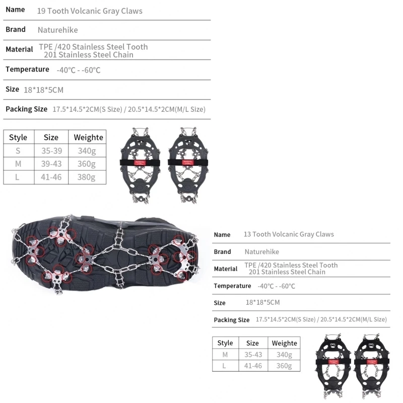 Naturehike Outdoor 13/19 Zahn Steigeisen Rutschfeste Schuhabdeckung Edelstahl Spike Kette Schneeklaue Winterkletterzubehör