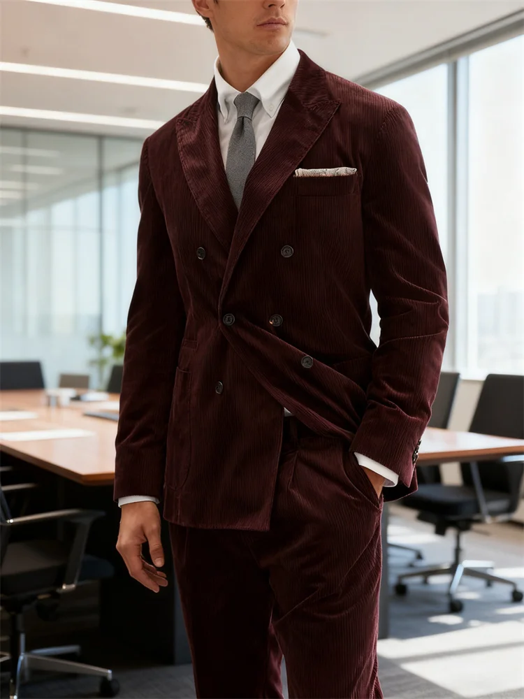 Outono inverno veludo masculino 2 peças terno homem profundo borgonha terno jaqueta terno calças terno grosso superior para banquete de casamento negócios
