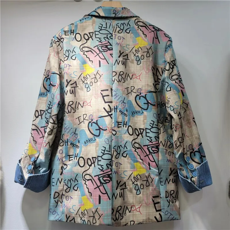Veste de costume à carreaux avec lettres Graffiti imprimées, couleur contrastée, Cowboy, Patchwork, col cranté, manches longues, manteau blazer féminin