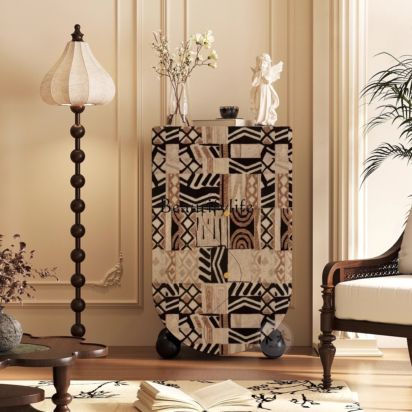 

Retro wabi-sabi abstract art solid wood bucket cabinet against the wall living room decorative side cabinet