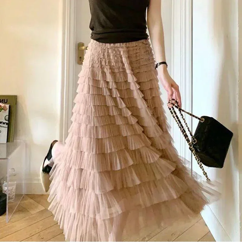 

Autumn Korean Style Mesh Puffy Cake Long Skirt Elegant Vintage Elastic Waist High Waist Ball Gown Gauze Tulle Skirt