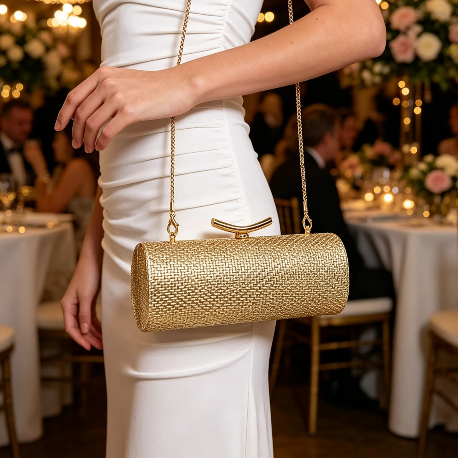 Gold evening handbag luxury designer shoulder bag woven cylindrical chain crossbody bag fashionable party wedding womens clutch. view 6
