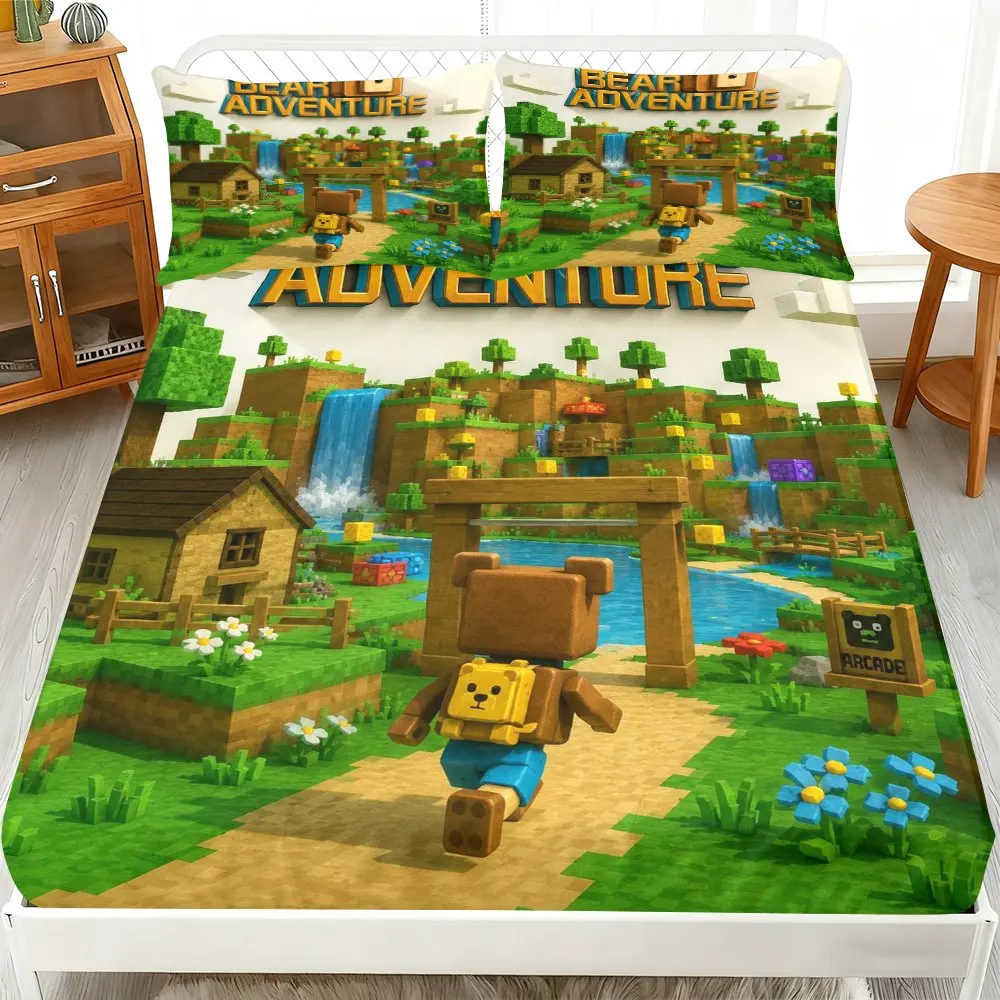 Digital Print Three-Piece Bed Sheet Set, Pixel Bear Adventure Bed Sheet Set, Adventure Theme, Colorful Bedding (includes 1 bed sheet + 2 pillowcases), Large Capacity Deep Pocket 2D Print Bed Sheet and 2 Pillowcases, Bedding Mattress Protector, Elastic-Fitted Sheet Style, Protective Cover, Mattress Protector, Suitable for All Seasons, Machine Washable Design, Holiday Decoration, Various Sizes, Breathable Protective Cover with Pillowcases