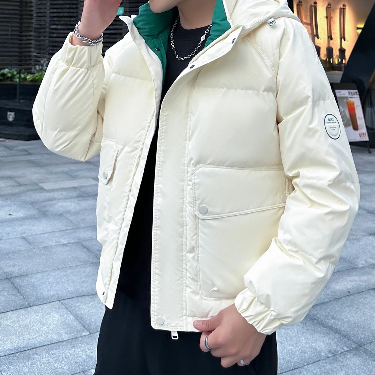 Winter Thickened Hooded Down Jacket Men'S Three-Proof Solid Color White Duck Down Top Youth Loose All-Match Jacket