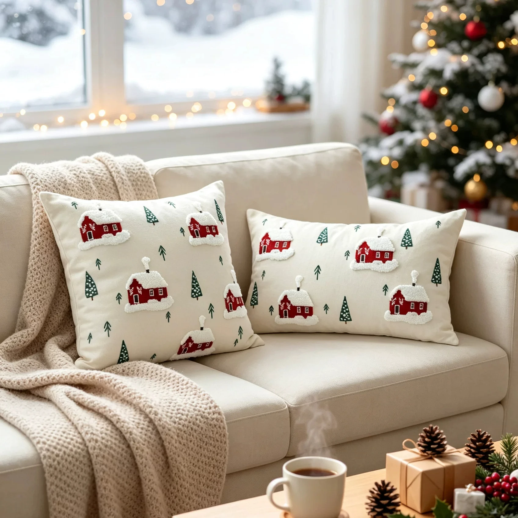 2026 Winter Christmas Tree Embroidered Throw Pillow Cover Cotton Canvas Snow House Sofa Lumbar Cushion Cover
