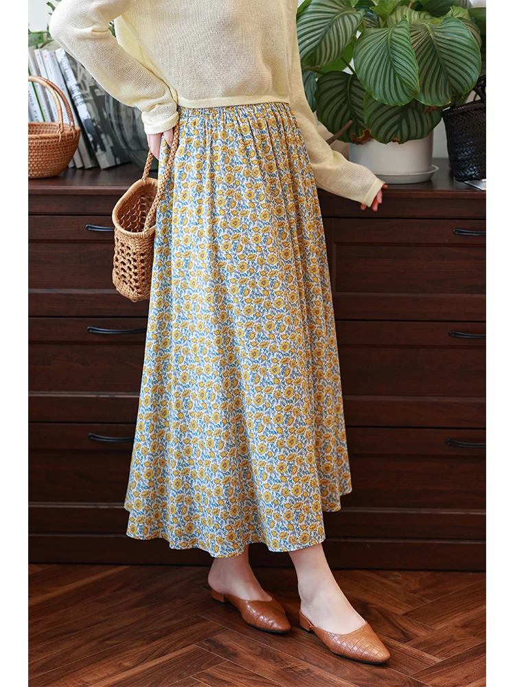 

Новая летняя шелковая юбка с высокой талией и принтом, свободного кроя, А-силуэт, на резинке, повседневная, для женщин