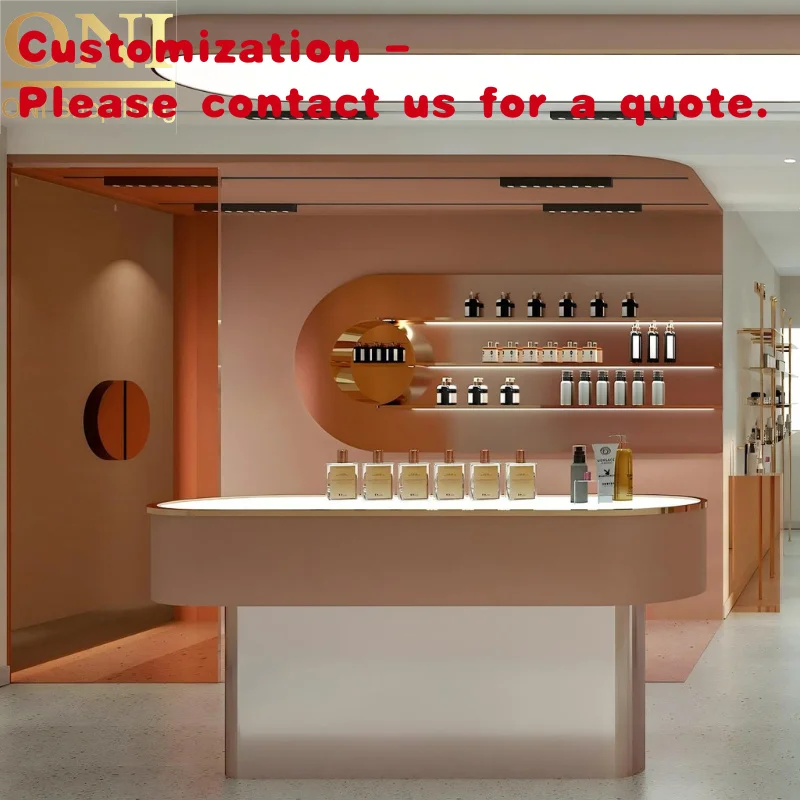 custom.ONI Shopfitting High-end Customized Makeup Cosmetic Display Cabinet Furniture Multi-tier Wall Mounted Display with LED