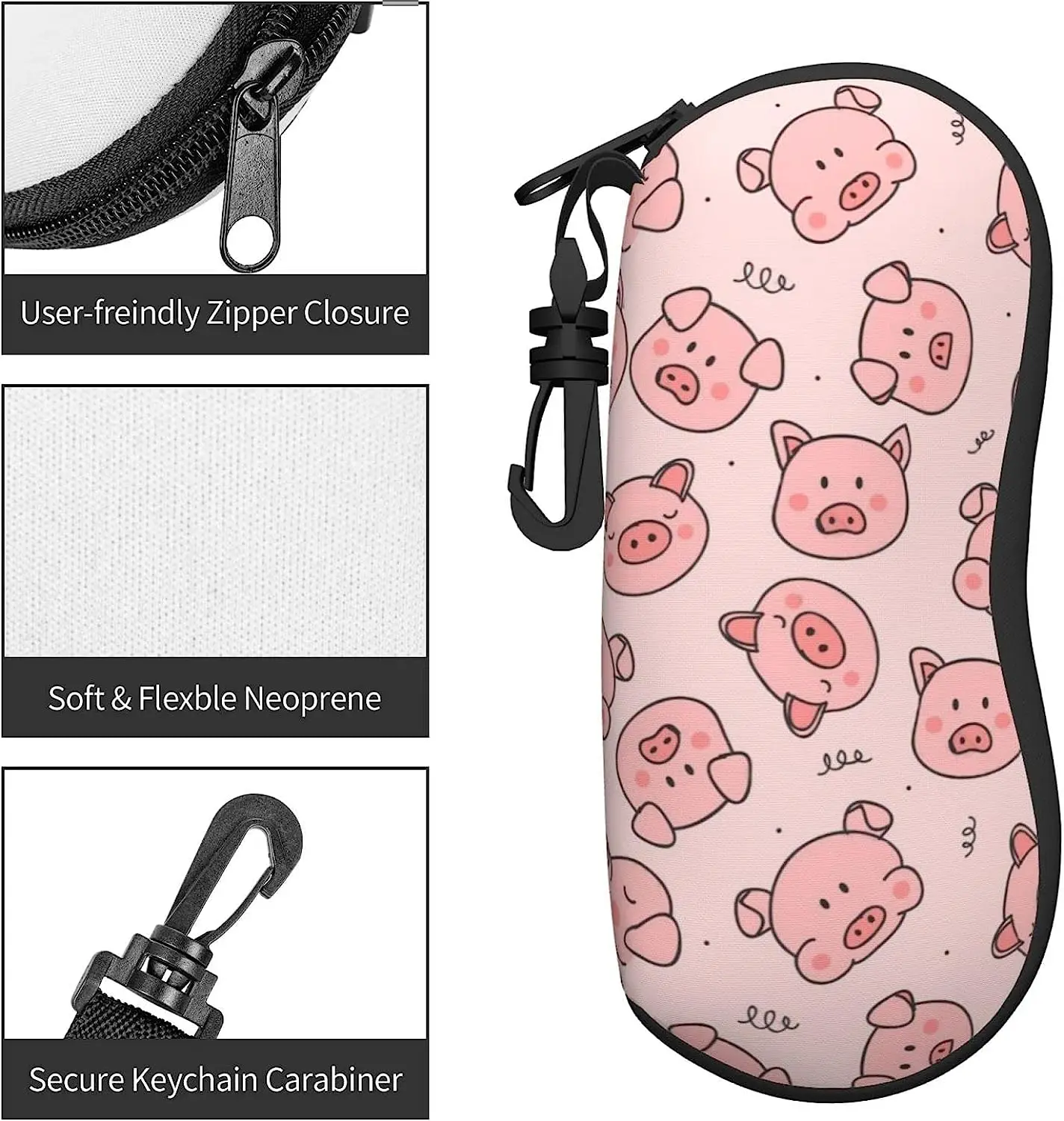 Pink Pig Soft Sunglasses Case for Men Women, Ultra Light Neoprene Zipper Eyeglass Portable Glasses Case with Belt Clip