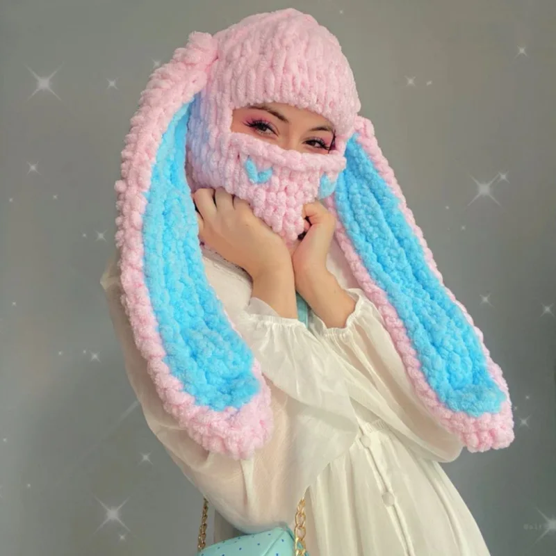 Y2K Long Bunny Ears Hat Winter Hand Made Knitted Funny Beanie Cap Thicken Warm Full Face Ski Mask Cover Balaclava For Party