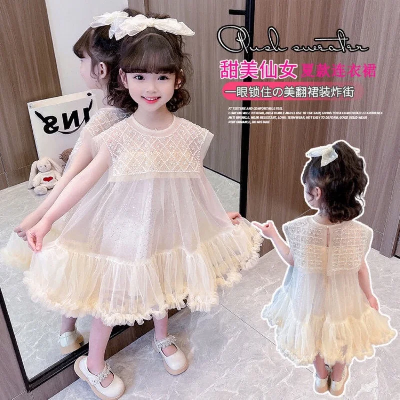 

Girls Dress Summer New Heavy Industry Lapel PearltutuSkirt Girl Fashion Princess Dress Trendy