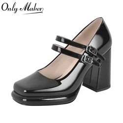 Onlymaker Women Square Toe Mary Jane Buckle Strap Chunky Heel Black Patent Leather Pumps