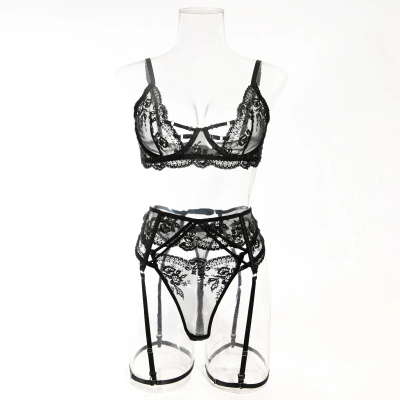 Bikini lingerie sexy see-through seductive embroidered bra garter belt four-piece set