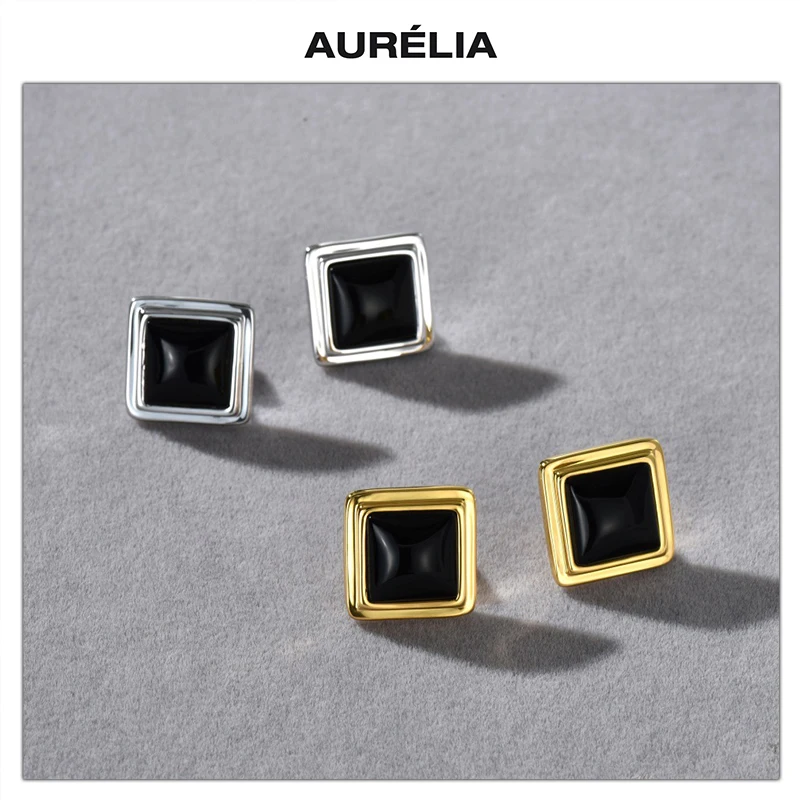 

Europe Black Agate Gold Silver Square S925 Silver Needle Earring Woman Classics Jewelry Accessories
