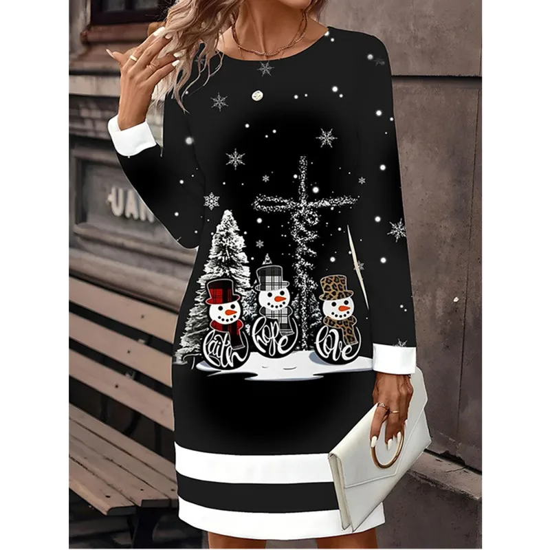 Women Christmas Party Dress 3D Funny Wine Christmas Element Printed Dress 2024 New Autumn Winter Long Sleeve O-neck Casual Dress