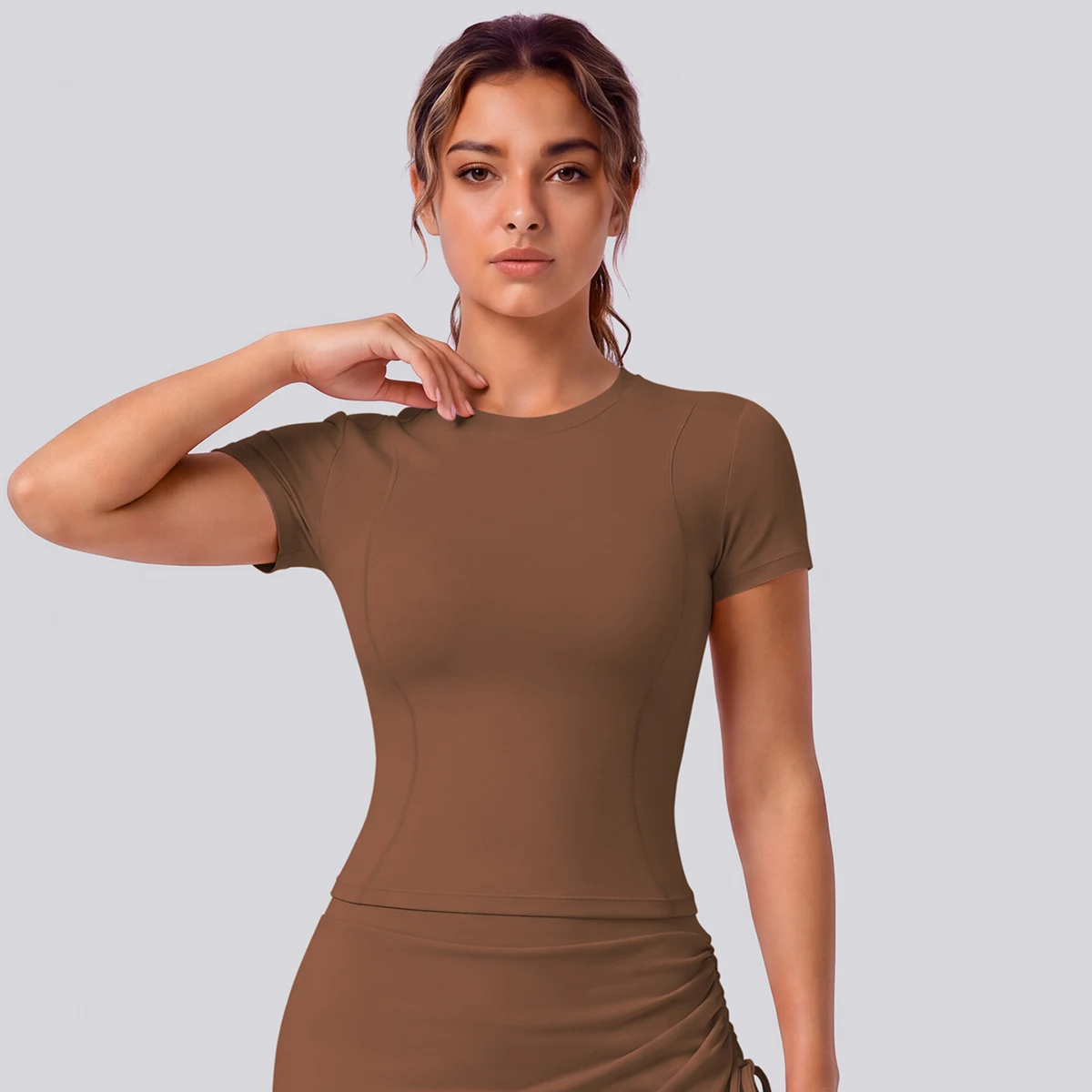 Rooftrellen Schnelltrocknendes Enges Yoga-T-Shirt für Damen, Kurzarm, Einfarbig, Atmungsaktives Sport-Top für Fitness und Yoga – Detail 9