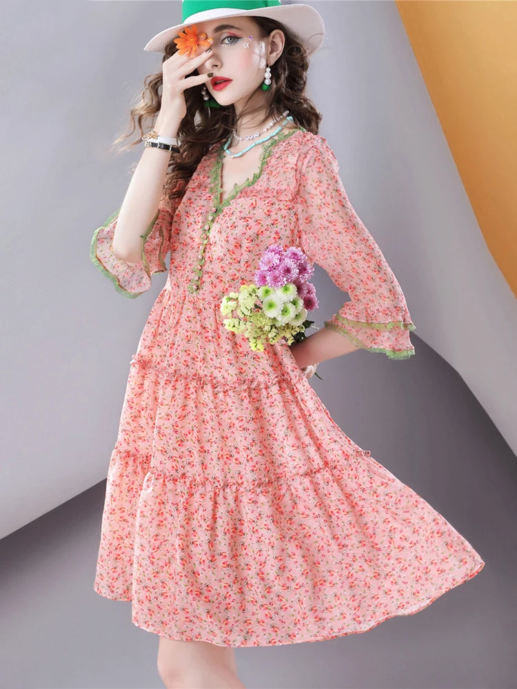 100% Silk Floral Dress Women V Neck A Line Long Sleeve Trumpet Cuff Summer Boho Midi Dress Elegant Vintage Sundress - Image 4