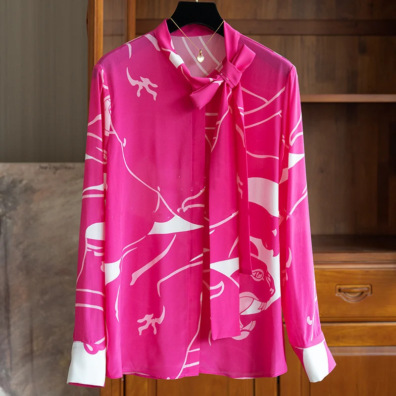 FANIECES 3XL French Pink Printed Woman Blouse Silk Satin Shirt Elegant Loose Long Sleeve Office Ladies Spring Autumn Tops 6842