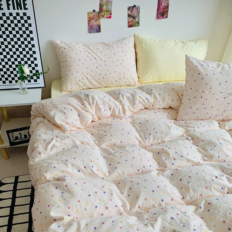 

New Class A Double Layer Yarn Washed Cotton Single Quilt Cover Aerobic Print Polka Dot Cartoon Student Duvet Korean Bedding