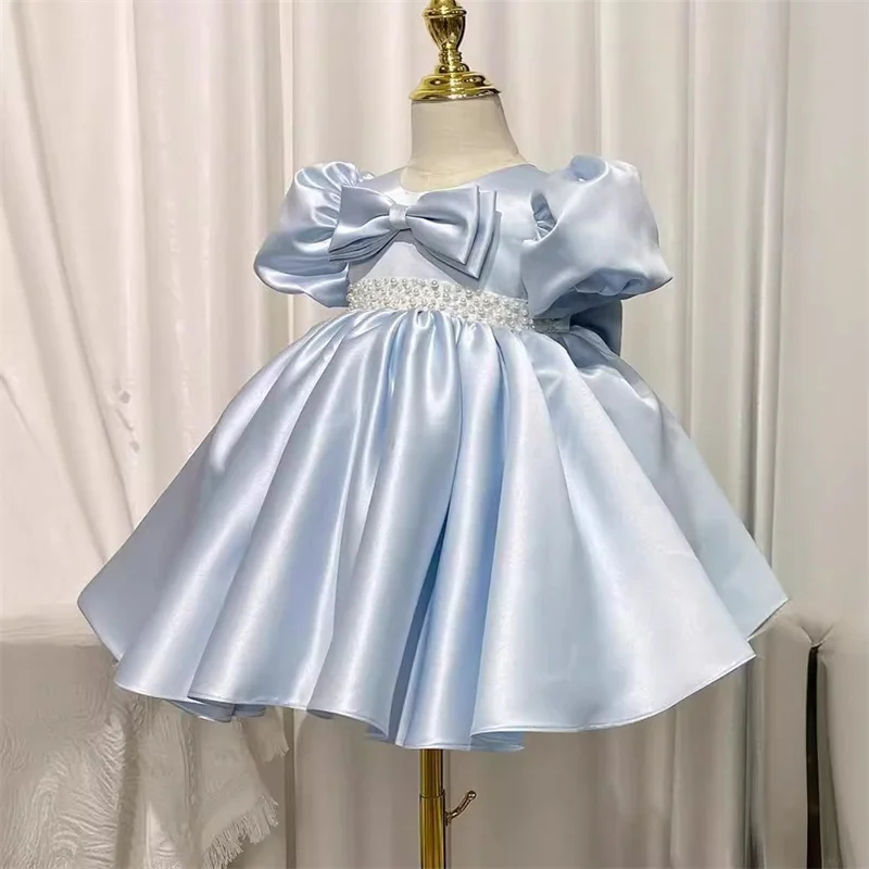 Vestido de princesa de satén con lazo para niña, vestido de flores para niña, vestido de primera comunión, vestido de baile, vestido de fiesta de boda y cumpleaños