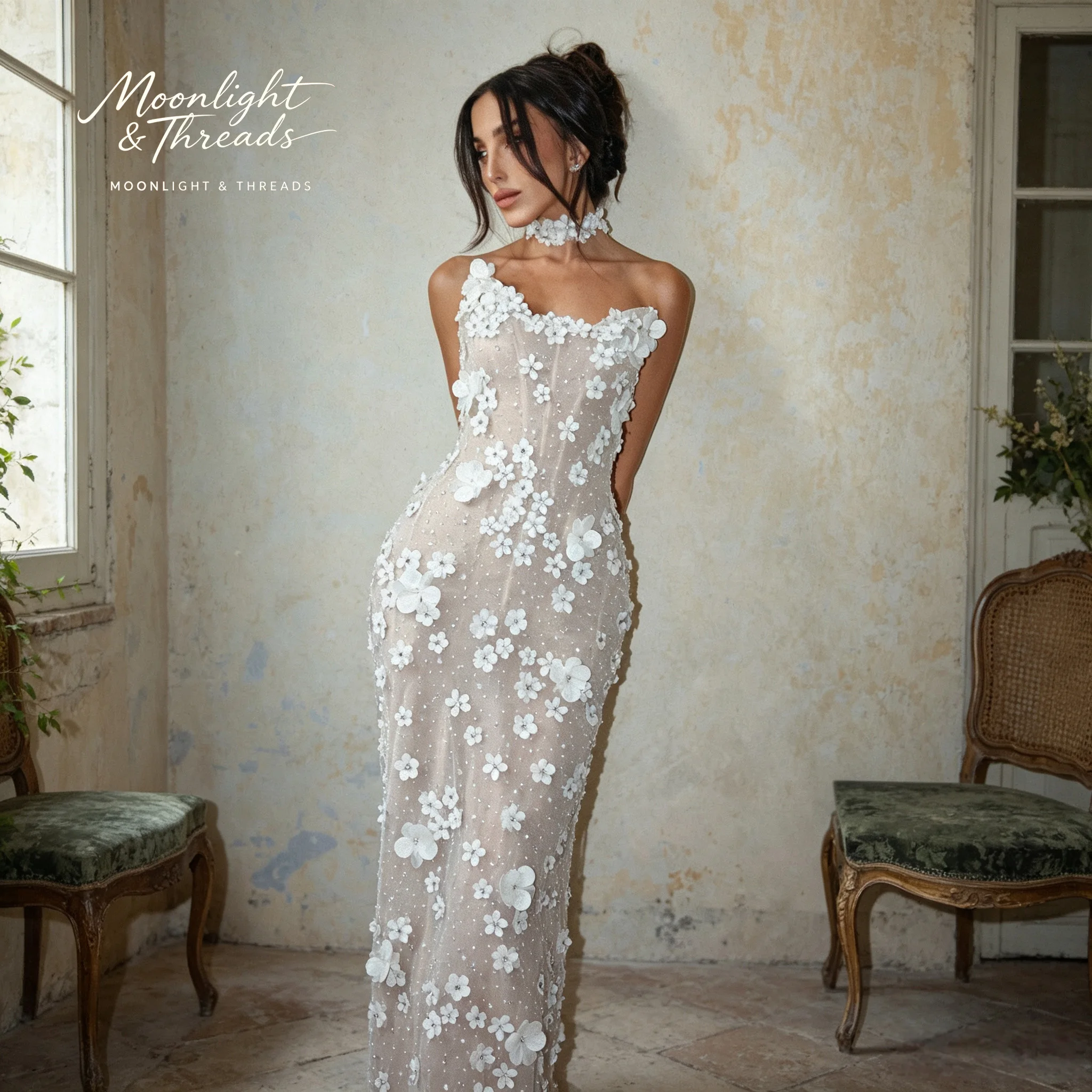 One‑Shoulder 3D Floral Beaded Tulle Mermaid Wedding Gown Floor‑Length Bridal Wedding Dress With Matching Flower Choker