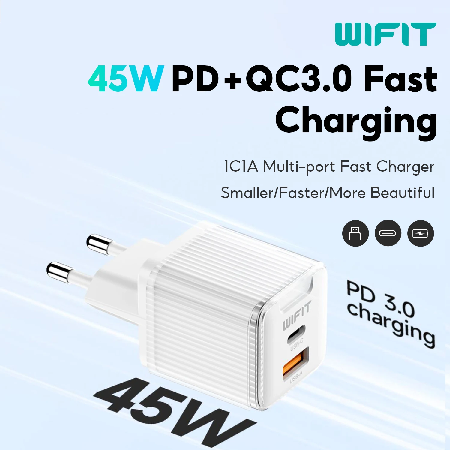 WIFIT WICHARGE GC1 45W Dual-port Fast Charger 45WPD+QC3.0 Fast Charging For iPhone15 14 Pro Max iPad Samsung Xiaomi