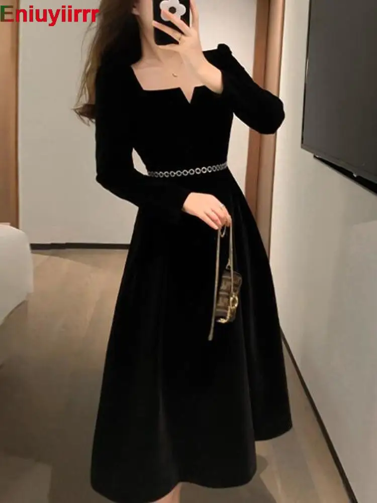Women 2022 New Year Winter Spring Basic Wear Feminine Vestidos Sexy Square Neck French Black Long Elegant Party Velvet Dress