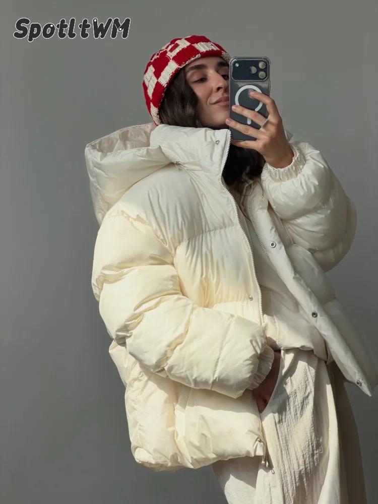 Oversized Puffer Jacket Women Zip Up Button Down Loose Short  Elastic Cuff Drawstring Hem Padded Coat Lady Winter Warm Outerwear