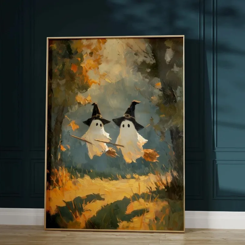 Two Ghost Witches Flying on Broomsticks Wall Art Print Vintage Autumn Forest Spooky Halloween Scene Home Decor Unframed Canvas