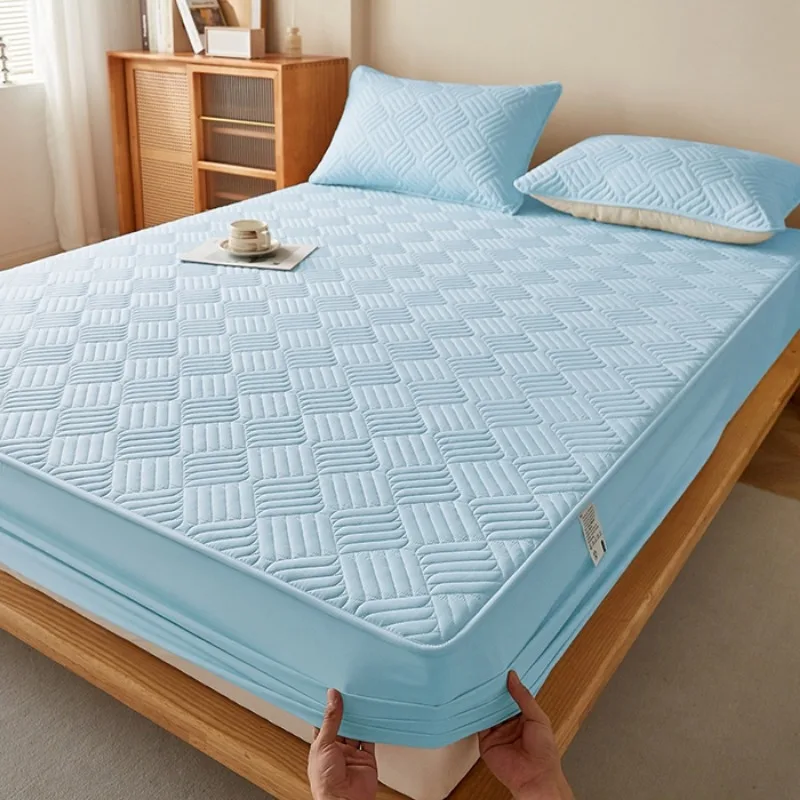2025 new solid color jacquard washed cotton polished padded fitted sheet  available in all seasons, including pillowcases