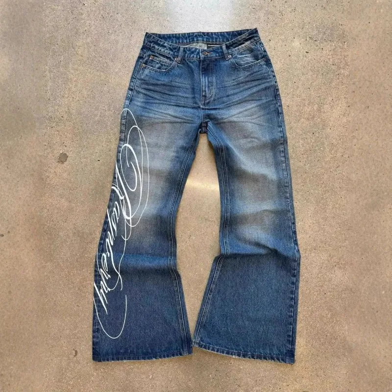 Deeptown Mavi Mektup Grafik Baskı Kot Kadın Harajuku Vintage Yıkanmış Geniş Bacak Düz Kot Pantolon Baggy Hip Hop streetwear