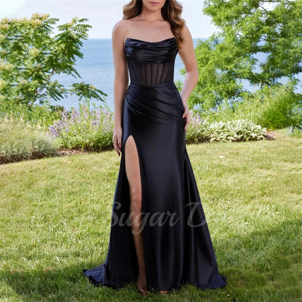 

Black Mermaid Evening Dress For Women V Neck Corest Prom Dresses Sexy Backless High Slit Satin Long Party Gowns فساتين سهرة