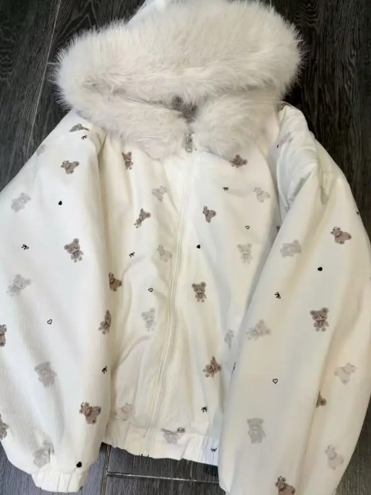 

Корейская хлопковая куртка унисекс с меховым воротником в виде милого медвежонка, теплая, двусторонняя, для молодежи, короткий фасон, зимняя