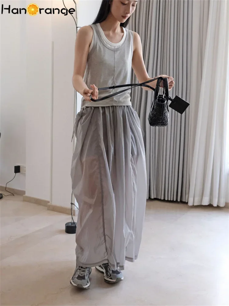 HanOrange 2025 Summer Simple Double Layer Splicing Wool Tank Top Women Slim Fit Elastic Sleeveless Top Light Gray/Dark Gray
