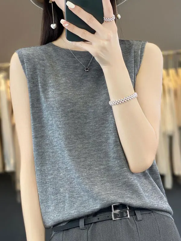 Sommer dünne gestrickte runde Ne Svel Weste Damen Loose Fit Top große Größe Innenbekleidung lässig Basic T-Shirt