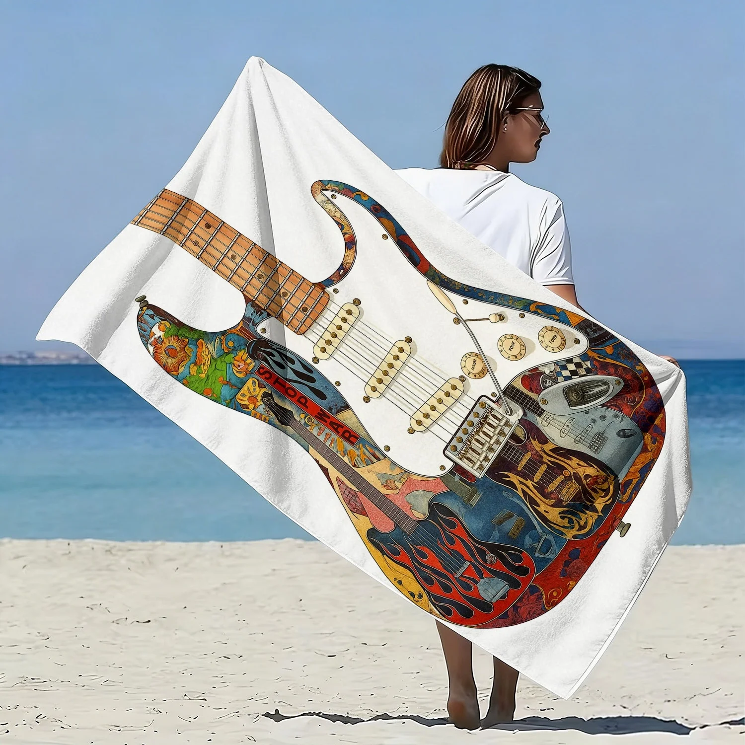 Electric Guitar Print Oversized Beach Towel Microfiber Bath Towel Suitable for Pool Vacation Music-Themed Gift for Musicians