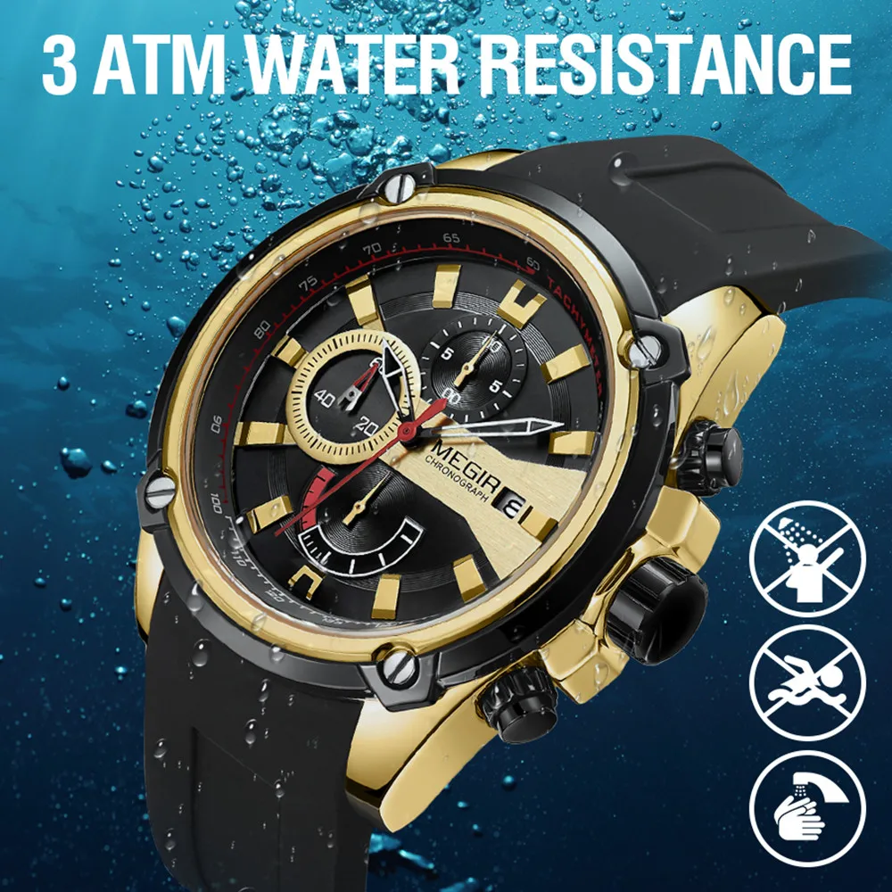 MEGIR Chronograph Luxury Brand Men Sports Watches Silicone Strap Quartz Casual Wristwatch Waterproof Calendar Reloj Hombre 2086