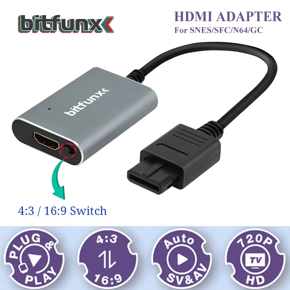 Bitfunx 720P Svideo / AV To HDMI Adapter HD Video Converter For N64/SFC/SNES/GameCube Support NTSC/PAL Retro Game Console