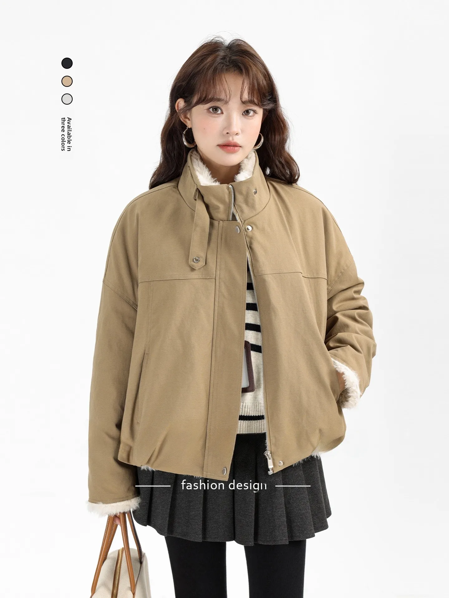 

Warm Fce Lined Fur And Leather Lazy Retro Stand Collar Jaet ort Outerwear Korean Sle Versatile Women's Coat