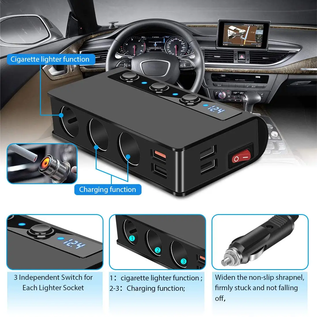 

180W Car Cigarette Lighter Adapter Splitter QC3.0 USB Fast Charger 4Port Socket with Voltmeter Auto Accessories