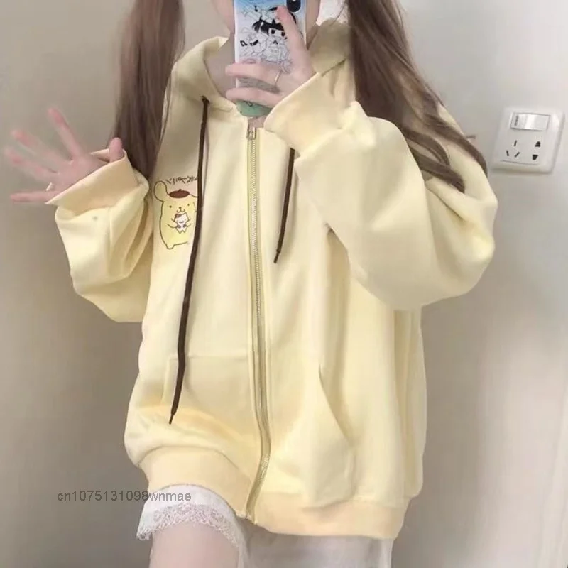 Sanrio Pom Pom Purin Hooded Zipper Sweaters Y2k Long Sleeve Coat with Cute Long Ears Hat Women Autumn Casual Loose Sweet Hoodie