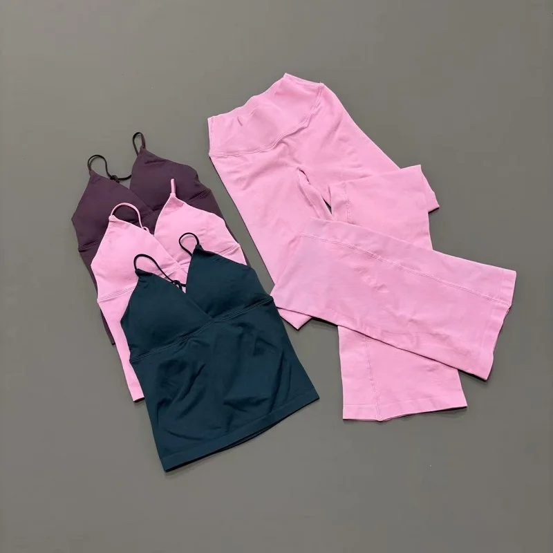 2Pcs Vision Gym Sports Set  Women Yoga Outfit Longline Sports Top High Waist Flare Leggings Tummy Control Butt Lifting Suit