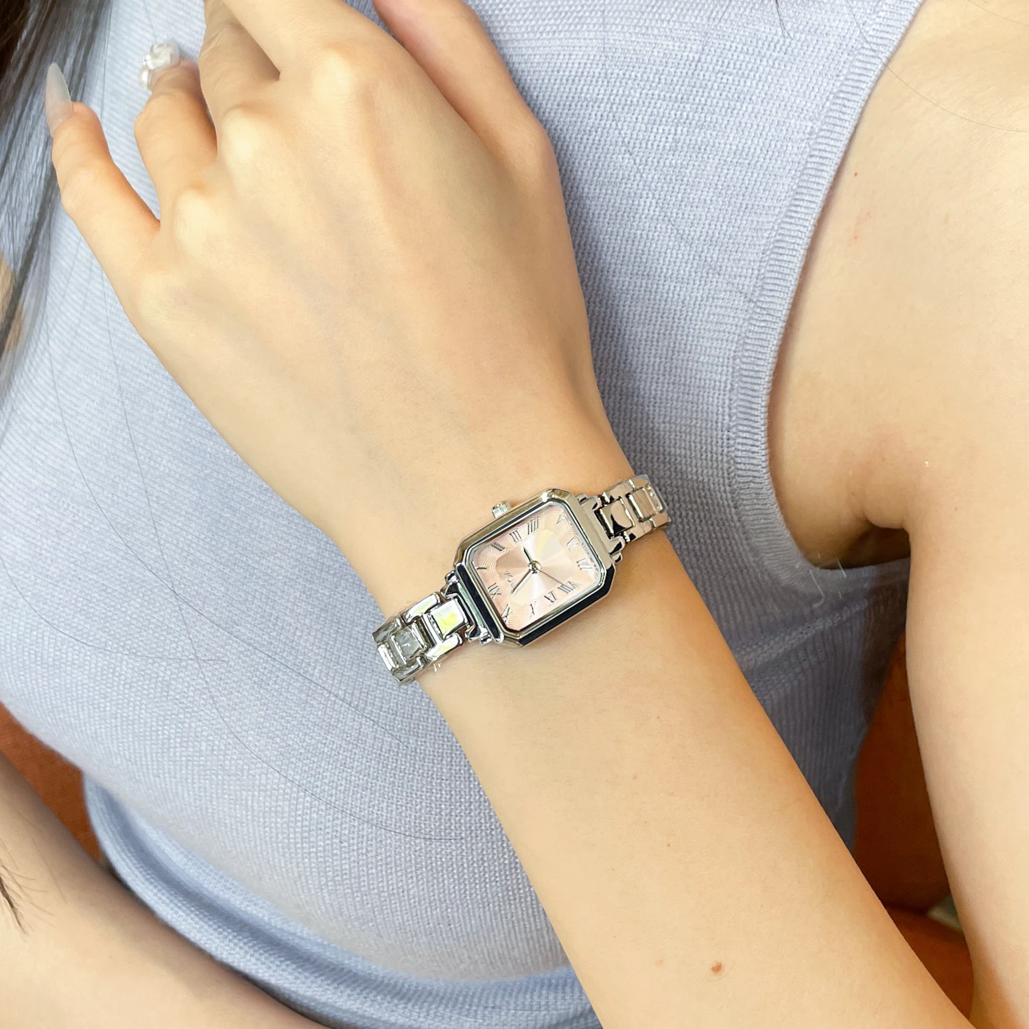 CILOA Womens Silver Small Square Watch Pink Sunburst Roman Dial Thin Stainless Steel Link Band Minimal Casual Quartz Wristwatch