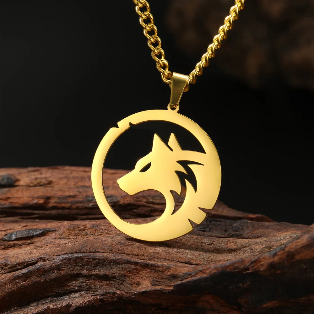 My Shape Punk Wolf Stainless Steel Necklace for Women Men Hollow Animal Wolf On The Hill Pendant Chain Choker Fashion Jewelry