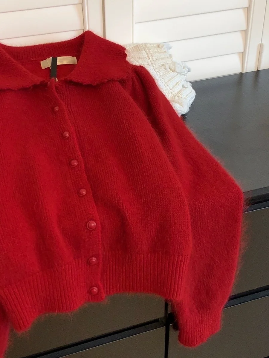 Sweater Coat Red Women's Short Lapel Cardigan Autumn and Winter Inner Wear Fashionable All-Match Loose Pure Color Thickened Warm