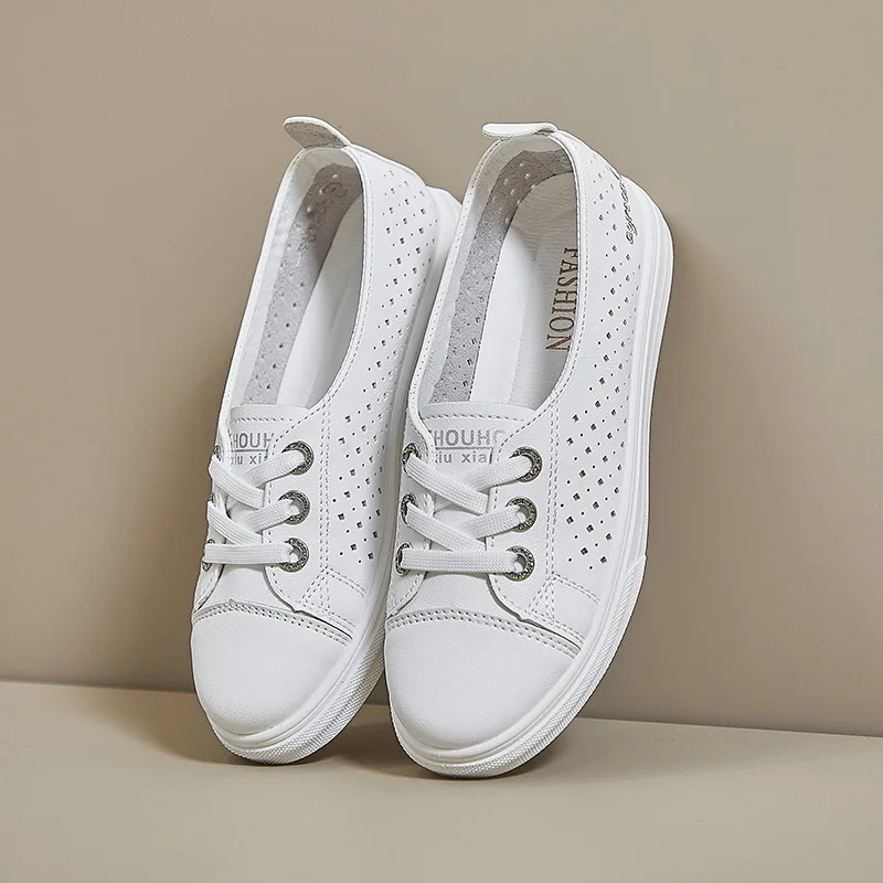 Zapatos transpirables de punta redonda para mujer, zapatillas informales que combinan con todo, a la moda zapatos de tenis, vestido pequeño, 2024