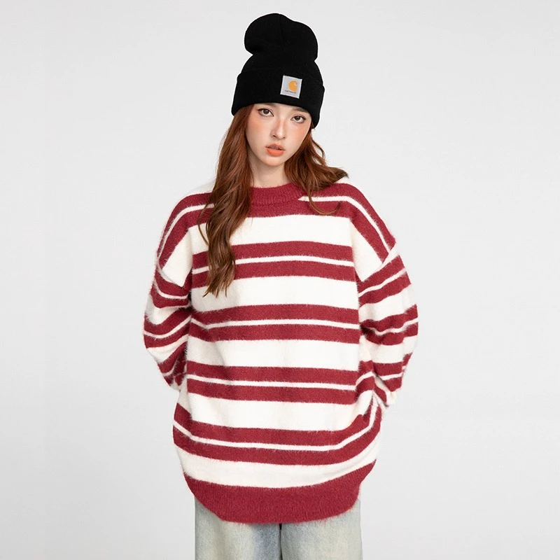 

Streetwear Women's Striped Pullover Sweater Loose Warm Sweaters O-Neck Knitted Pullovers Casual Knit Jumper for Women Autumn Top