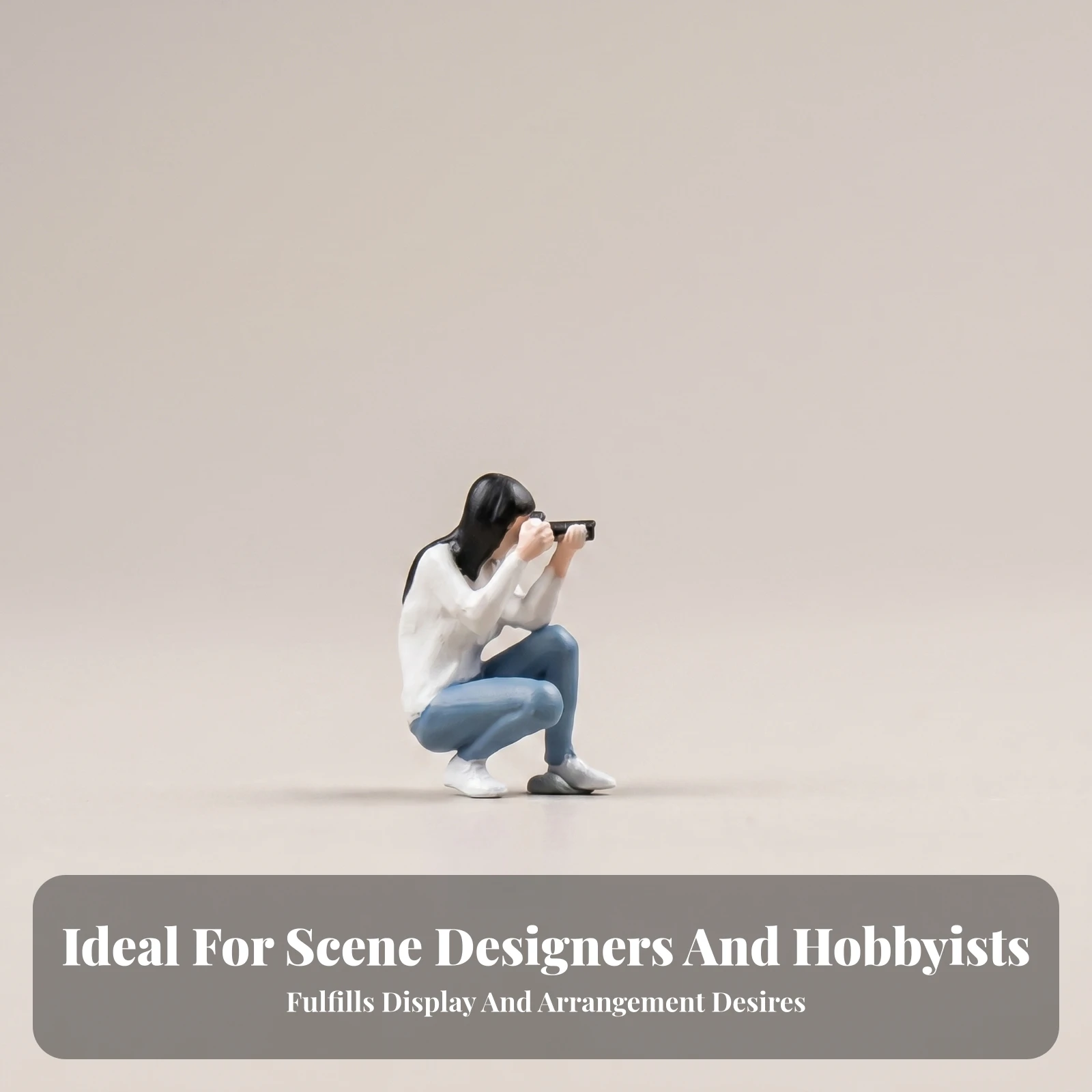 Crouching Girl Figurine Camera Miniature Resin Figurine Photographer Figure Black-Haired 1/64 Scale Person Model White Top