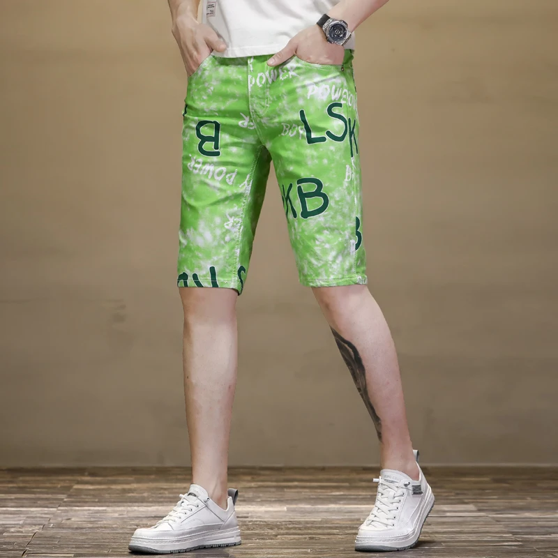 Summer Thin in Green Stretch Personality Printed Middle Pants Men's Slim Fit Fashion Straight Casual Cropped Beach Pants