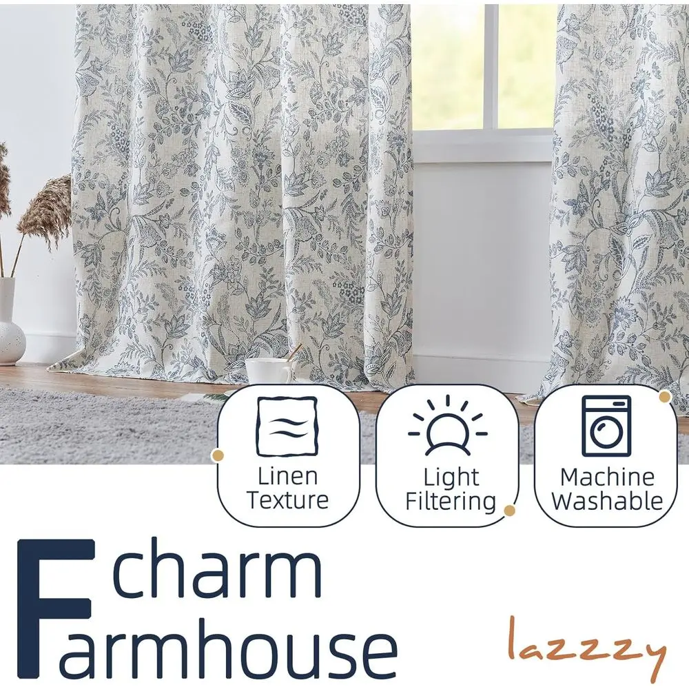 Rideaux de ferme en lin bleu floral 90 avec onglets arrière pour salon, chambre à coucher, filtrage de la lumière, style vintage, ensemble de 2 panneaux, Bl